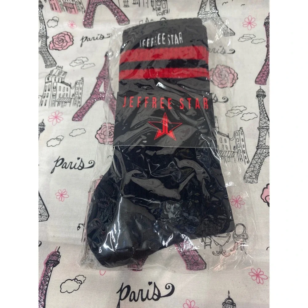 Jeffree Star Cosmetics Mid Calf Socks Black Red Striped Logo Athletic Crew